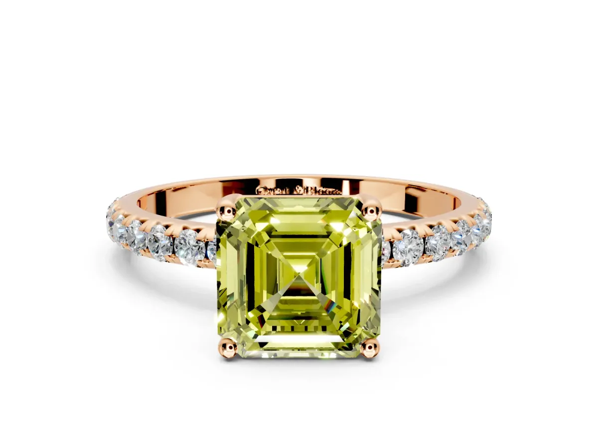 Solitaire Engagement Ring Setting for Fancy Yellow Asscher Cut Center with Micro Pave Band and Prong Head in Rose Gold