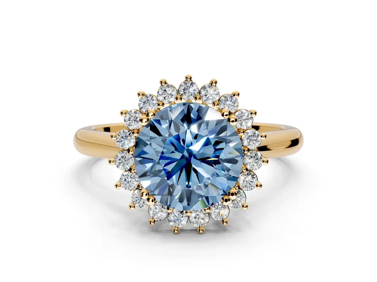 Starburst Halo Engagement Ring Setting for Fancy Blue Round Cut Center with Thin Round-Wire Band and Prong Head in Yellow Gold