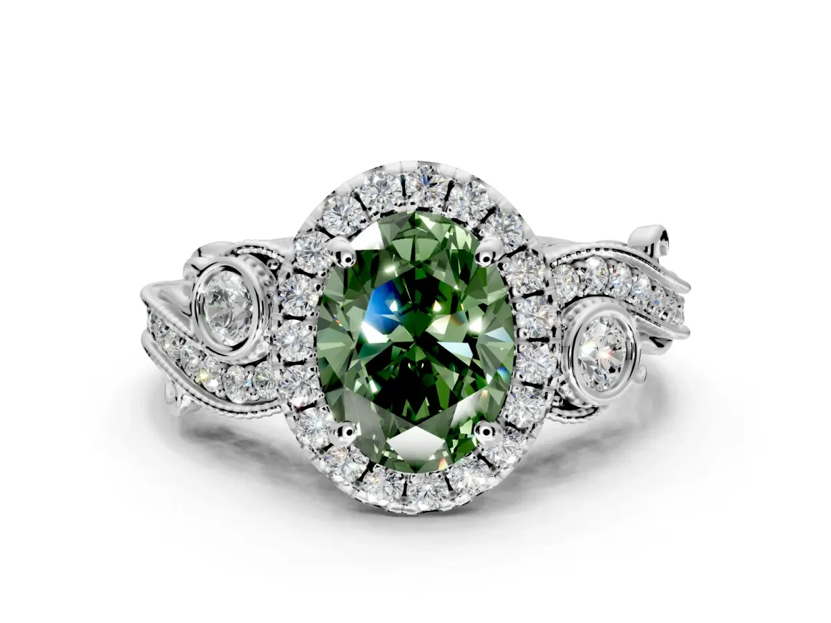 Milgrain Halo Engagement Ring Setting for Fancy Green Oval Center with Shoulder Bezels and Prong Head in Platinum