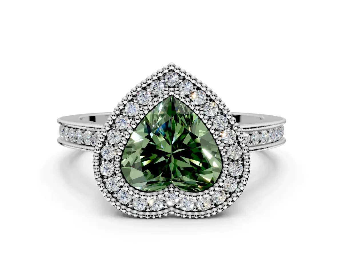 Halo Engagement Ring Setting for Fancy Green Heart-Shaped Center with Milgrain Halo, Pave Band and Prong Head in Sterling Silver