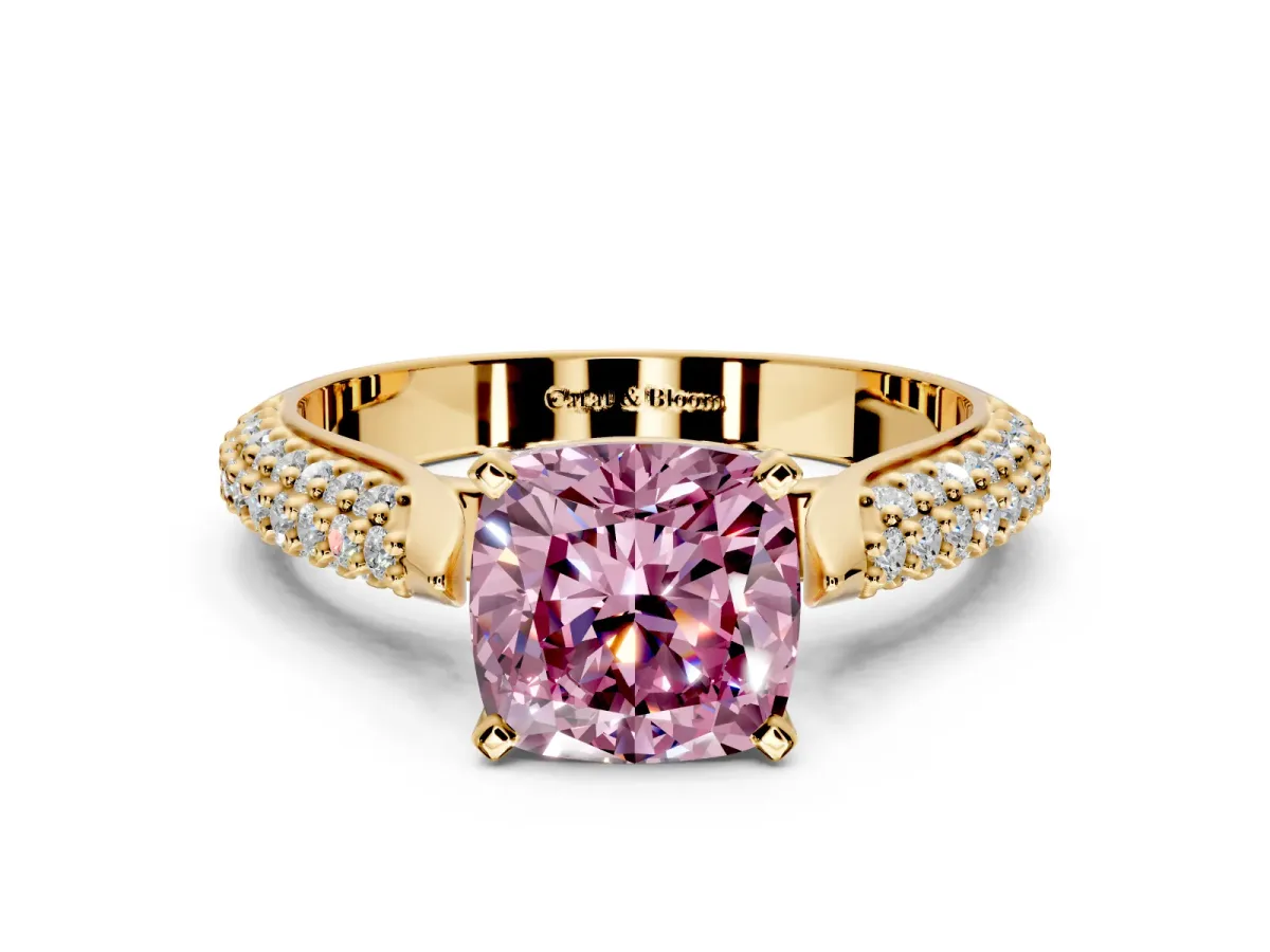 Solitaire Engagement Ring Setting for Fancy Pink Cushion Cut Center with Multi-Row Accents and Prong Head in Yellow Gold