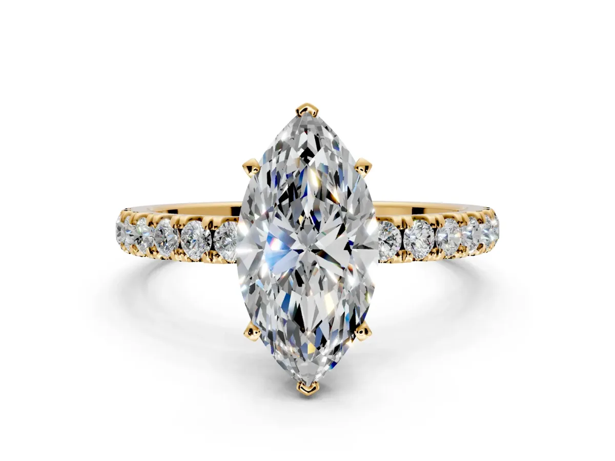 Open Basket Engagement Ring Setting for Marquise Center with Pave Band and Prong Head in Yellow Gold