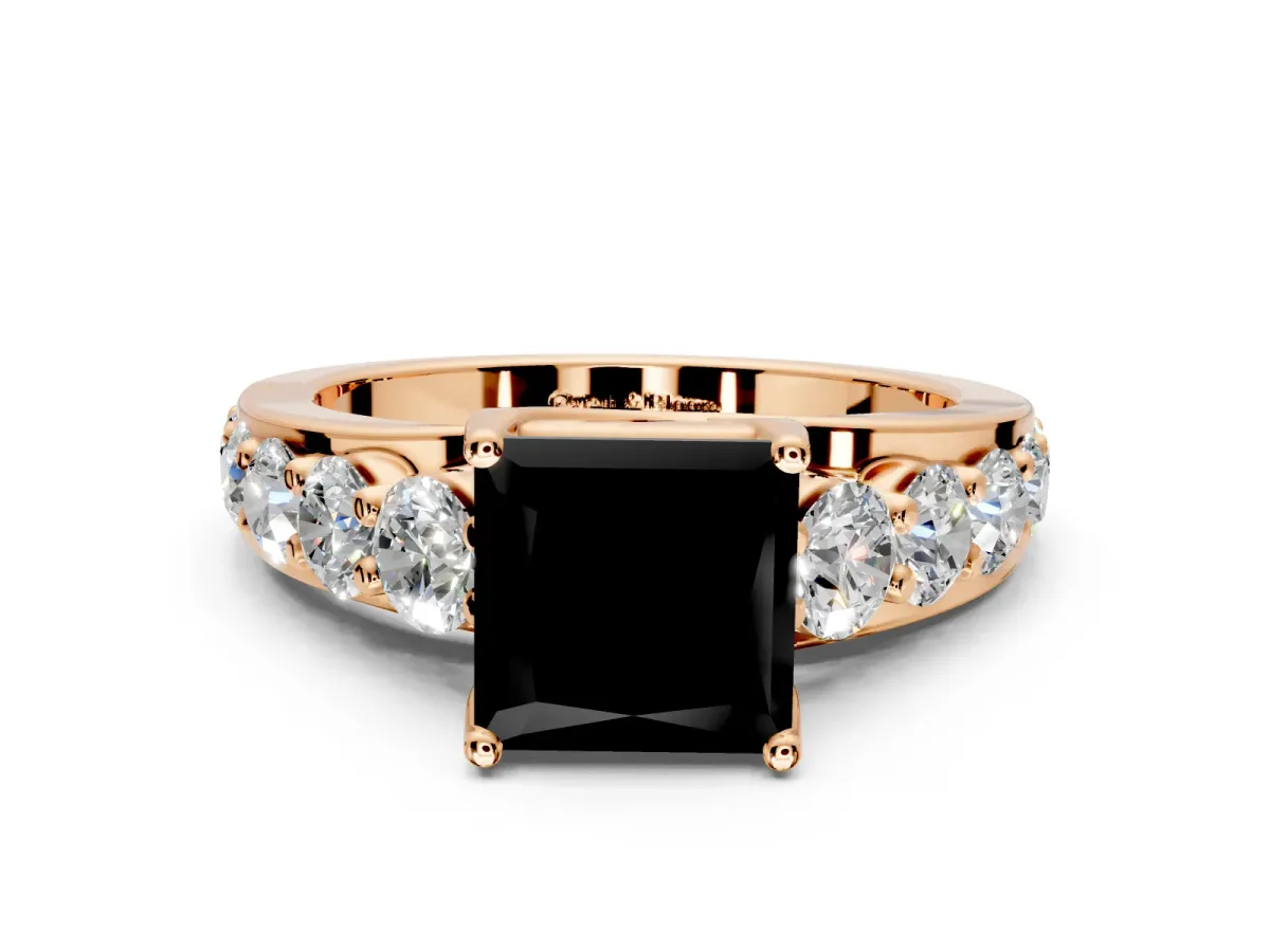 Solitaire Engagement Ring Setting for Fancy Black Princess Cut Center with Graduated Shared Prongs and Prong Head in Rose Gold