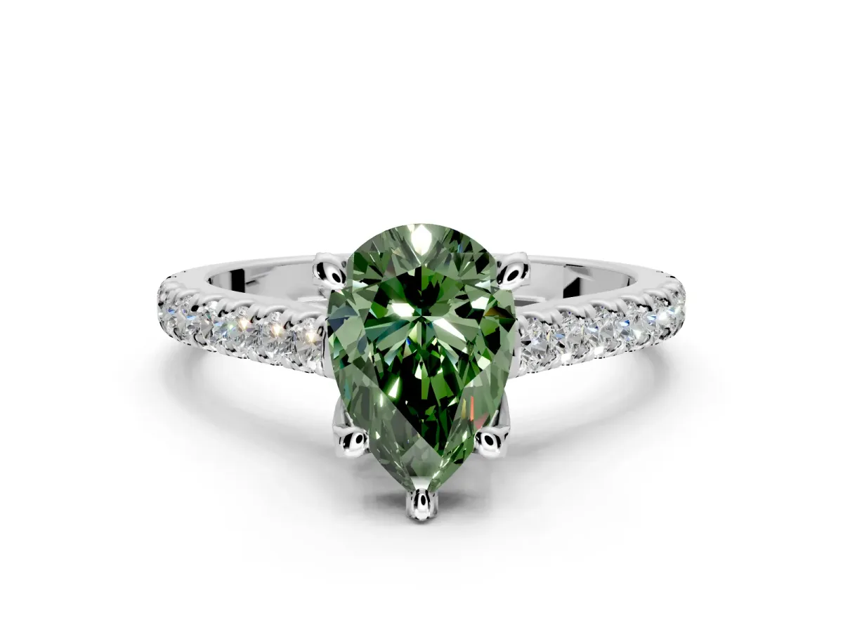 Solitaire Engagement Ring Setting for Fancy Green Pear-Shaped Center with Widening Pave Band and Claw Prong Head in Platinum