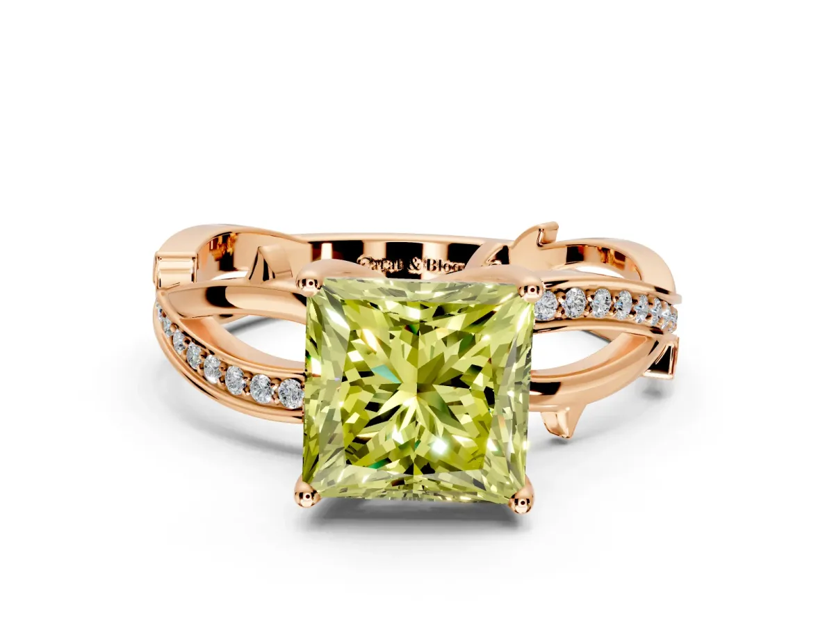 Solitaire Engagement Ring Setting for Fancy Yellow Princess Cut Center with Pave and Plain Crossover Band and Prong Head in Rose Gold