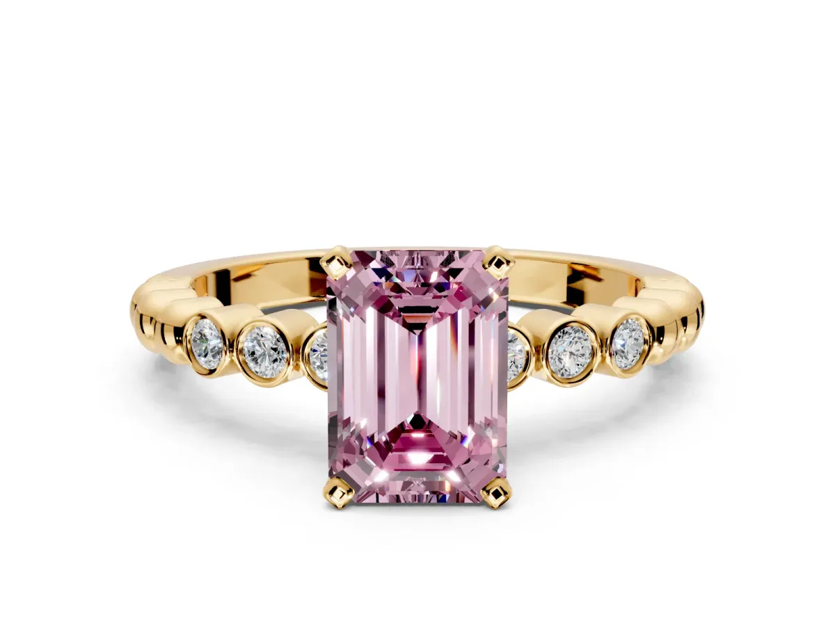 Solitaire Engagement Ring Setting for Fancy Pink Emerald Cut Center with Bezel-Dot Beaded Band and Prong Head in Yellow Gold
