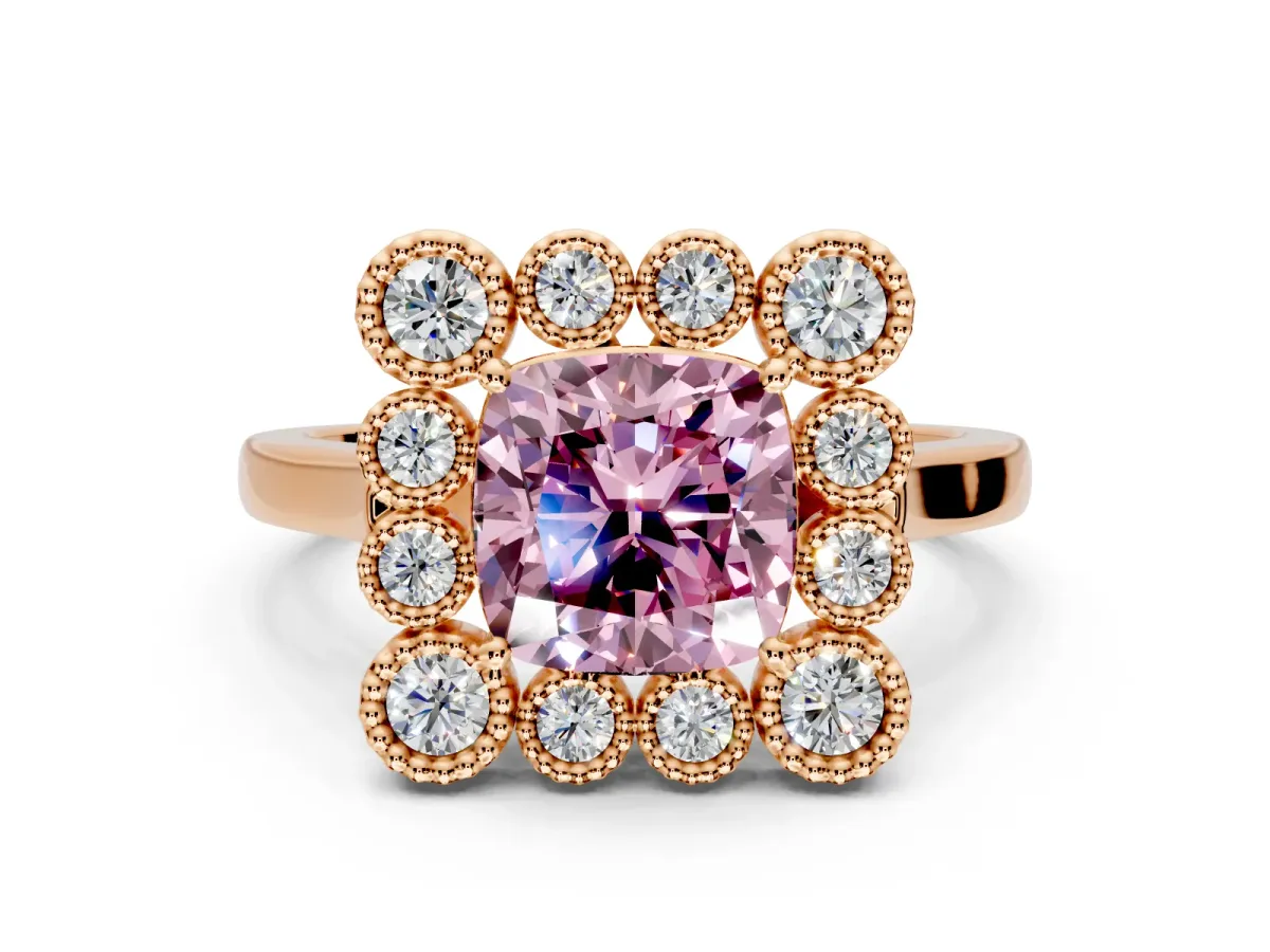 Cluster Halo Engagement Ring Setting for Fancy Pink Cushion Cut Center with Milgrain Bezel Accents and Prong Head in Rose Gold