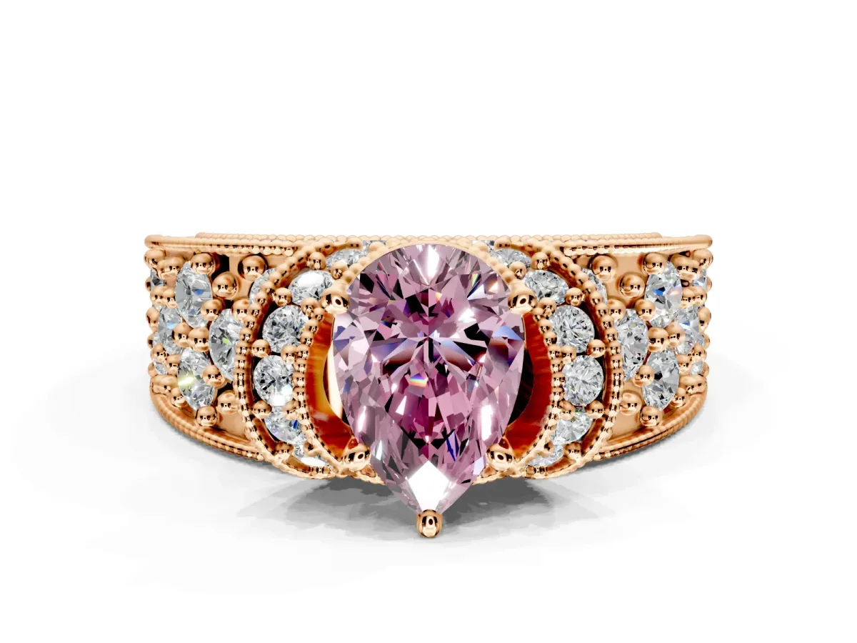 Pave Engagement Ring Setting for Fancy Pink Pear-Shaped Center with Curved Accent Rows, Openwork and Prong Head in Rose Gold