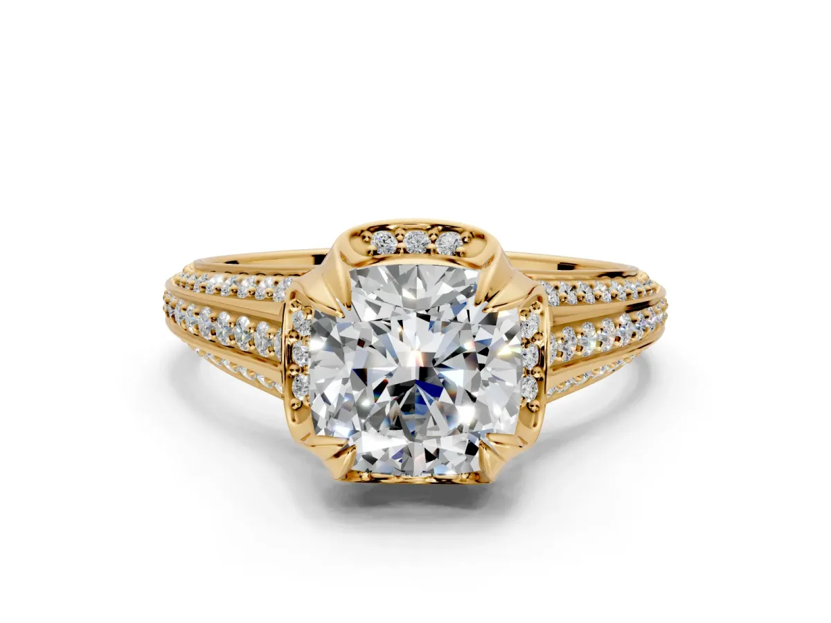 Solitaire Engagement Ring Setting for Cushion Cut Center with Accented Split Shank and Prong Head in Yellow Gold