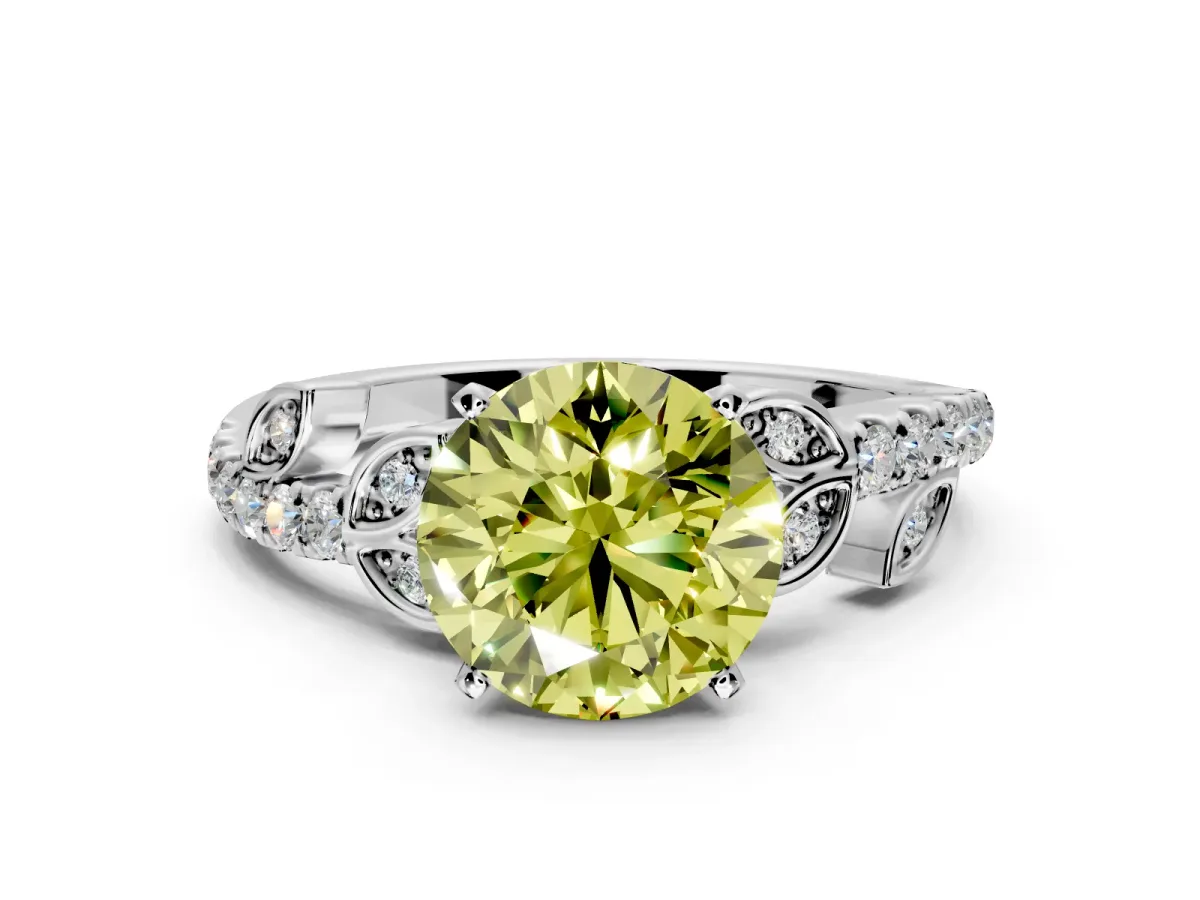 Leaf Motif Engagement Ring Setting for Fancy Yellow Round Cut Center with Pave Band and Prong Head in Platinum