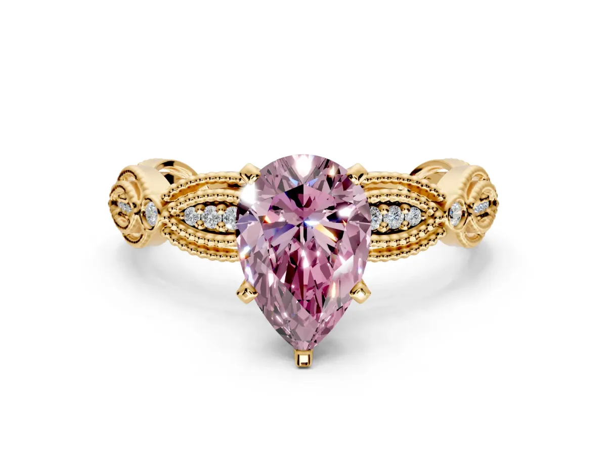 Solitaire Engagement Ring Setting for Fancy Pink Pear-Shaped Center with Marquise Panel Band and Prong Head in Yellow Gold
