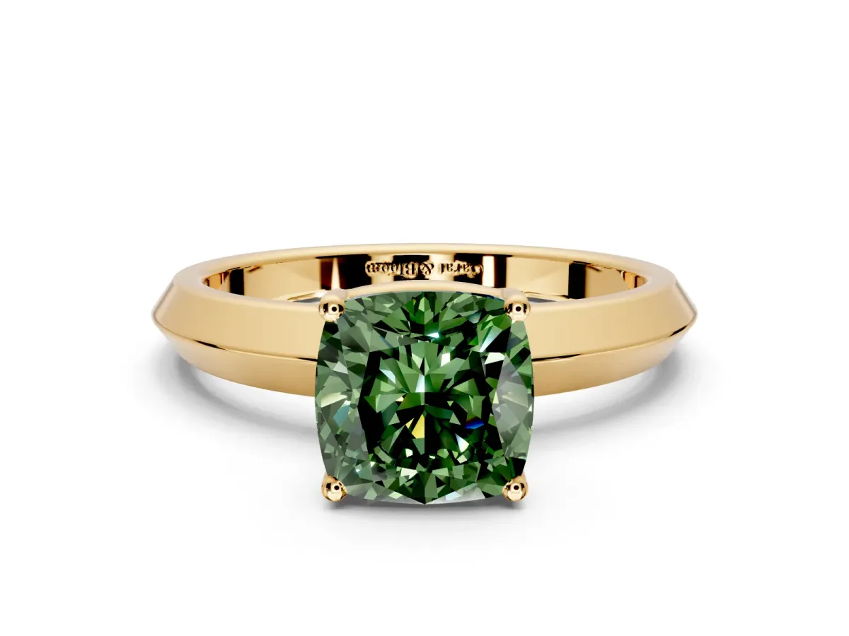 Solitaire Engagement Ring Setting for Fancy Green Cushion Cut Center with Wide Knife Ridge Band and Prong Head in Yellow Gold