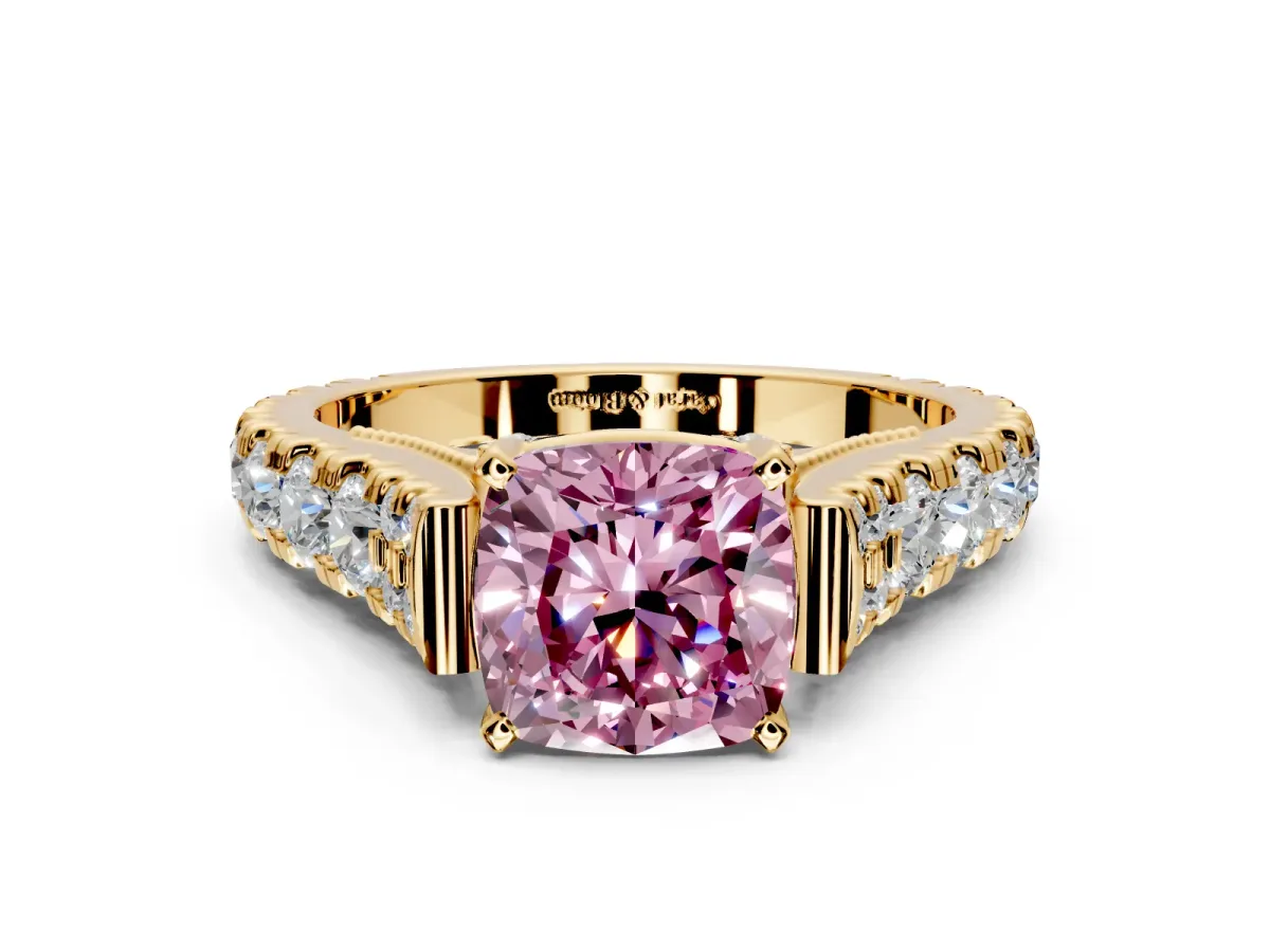 Solitaire Engagement Ring Setting for Fancy Pink Cushion Cut Center with Pave Cathedral Shoulders and Prong Head in Yellow Gold