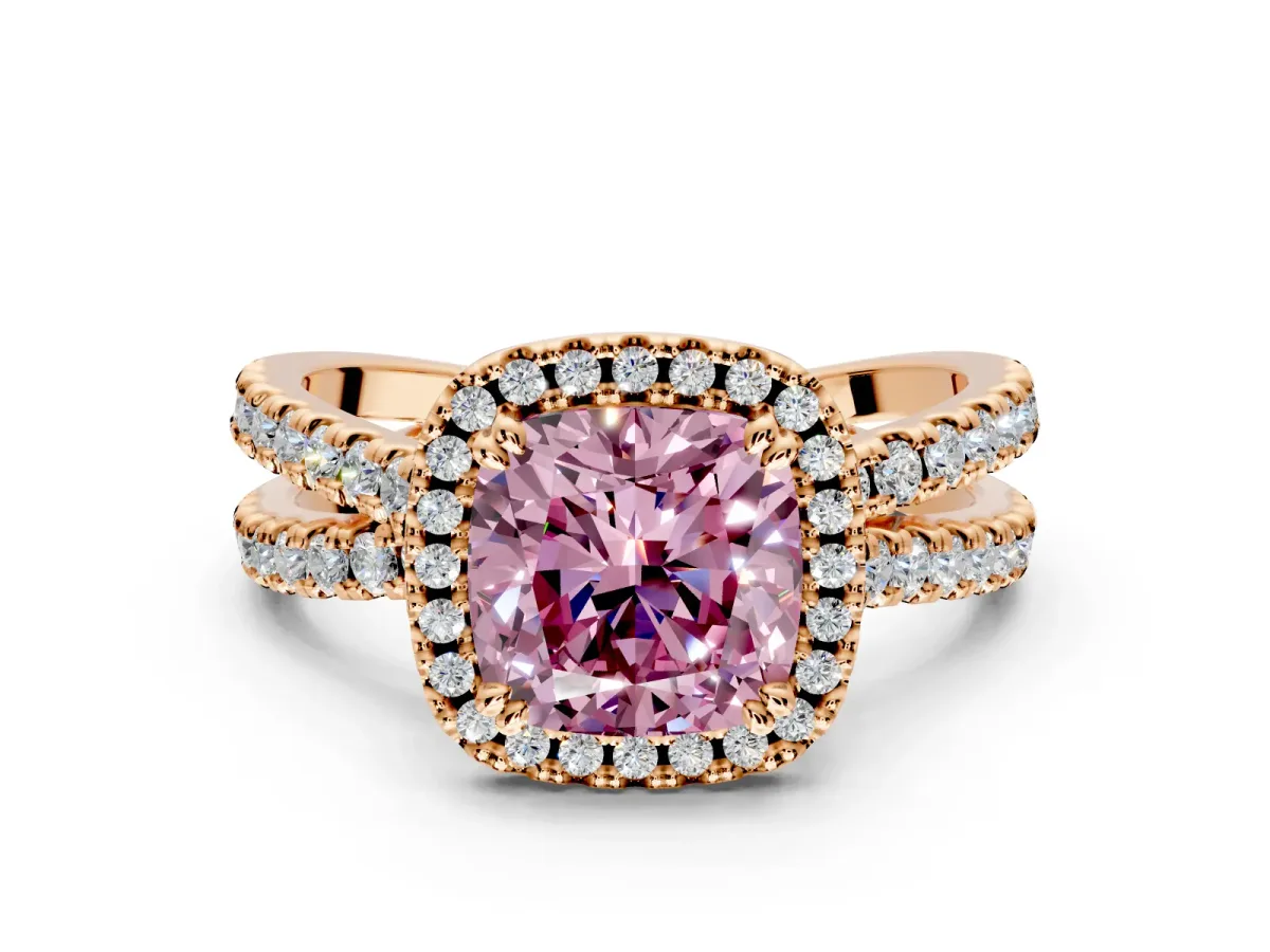Halo Engagement Ring Setting for Fancy Pink Cushion Cut Center with Double Pave Split Shank and Prong Head in Rose Gold