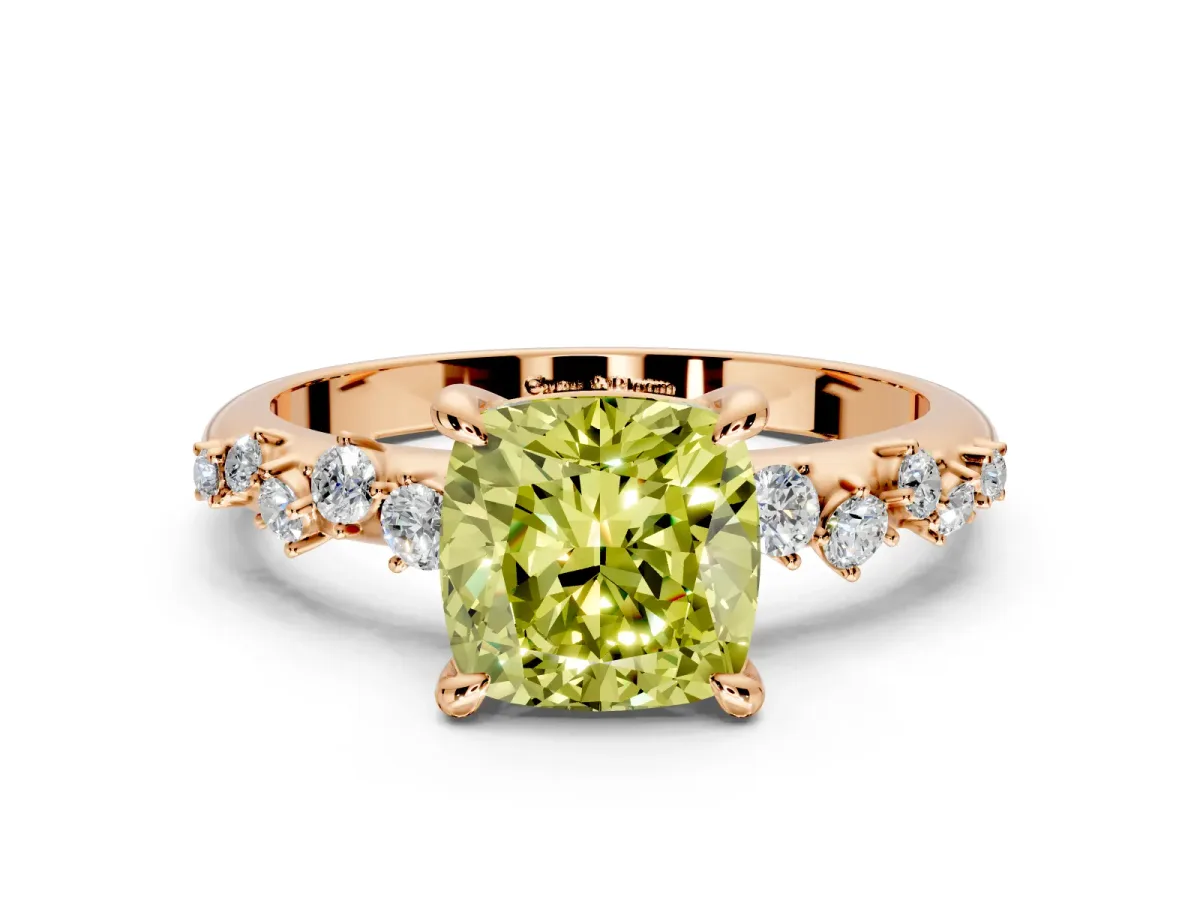 Solitaire Engagement Ring Setting for Fancy Yellow Cushion Cut Center with Trailing Leaf Accent Band and Prong Head in Rose Gold