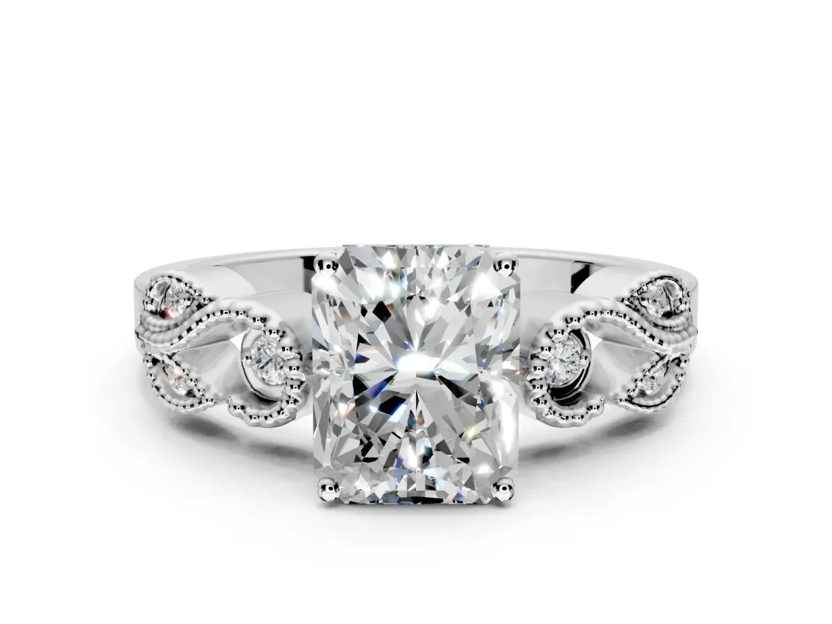 Leaf Engagement Ring Setting for Princess Cut Center with Milgrain Accent Band and Prong Head in Sterling Silver