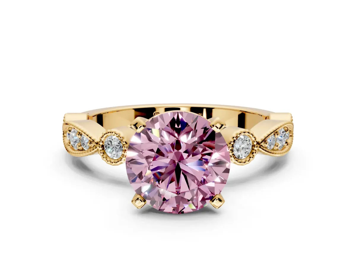 Solitaire Engagement Ring Setting for Fancy Pink Round Cut Center with Milgrain Bezel Accents and Prong Head in Yellow Gold