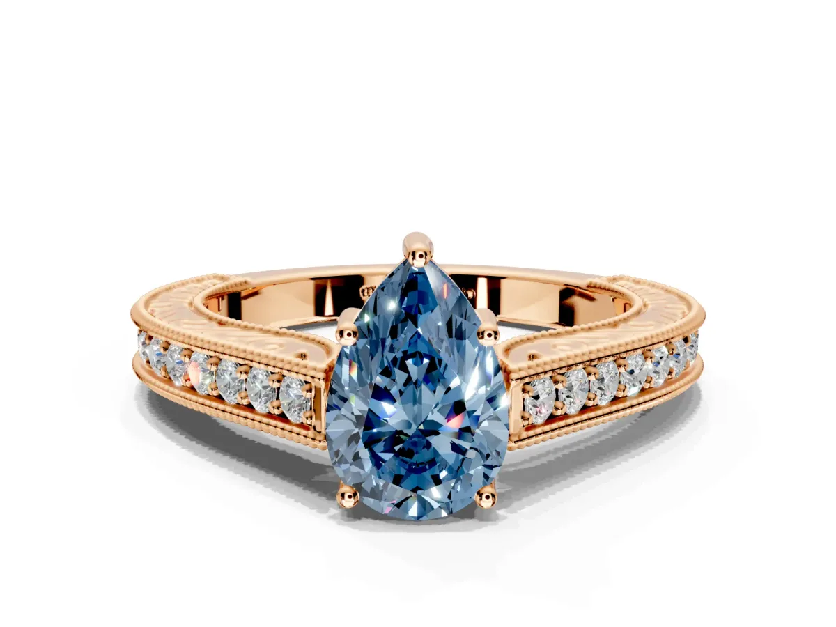 Solitaire Engagement Ring Setting for Fancy Blue Pear-Shaped Center with Engraved Pave Band and Prong Head in Rose Gold