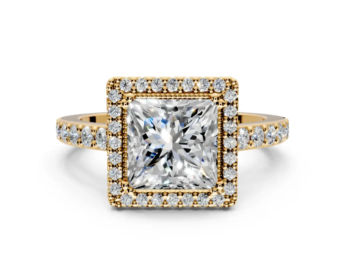 Halo Engagement Ring Setting for Princess Cut Center with Inner Milgrain Border and Prong Head in Yellow Gold