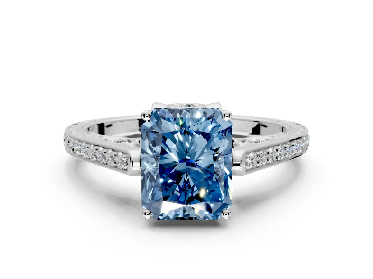 Cathedral Engagement Ring Setting for Fancy Blue Radiant Cut Center with Antique-Style Pave Band and Prong Head in Sterling Silver