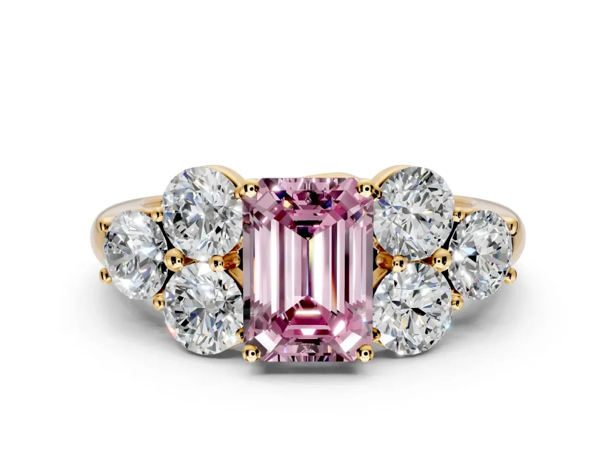 Cluster Engagement Ring Setting for Fancy Pink Emerald Cut Center with Round Cut Accent Frame and Prong Head in Yellow Gold