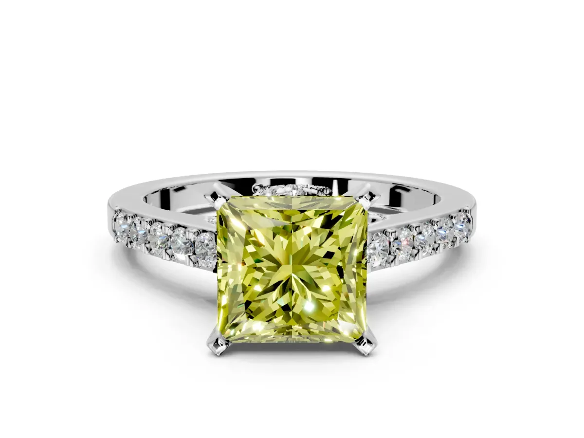 Solitaire Engagement Ring Setting for Fancy Yellow Princess Cut Center with Crossover Accents and Prong Head in Sterling Silver