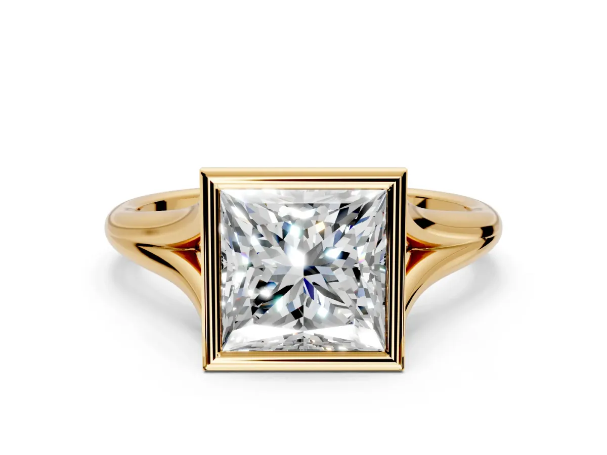 Solitaire Engagement Ring Setting for Princess Cut Center with V Split Shank and Bezel Head in Yellow Gold