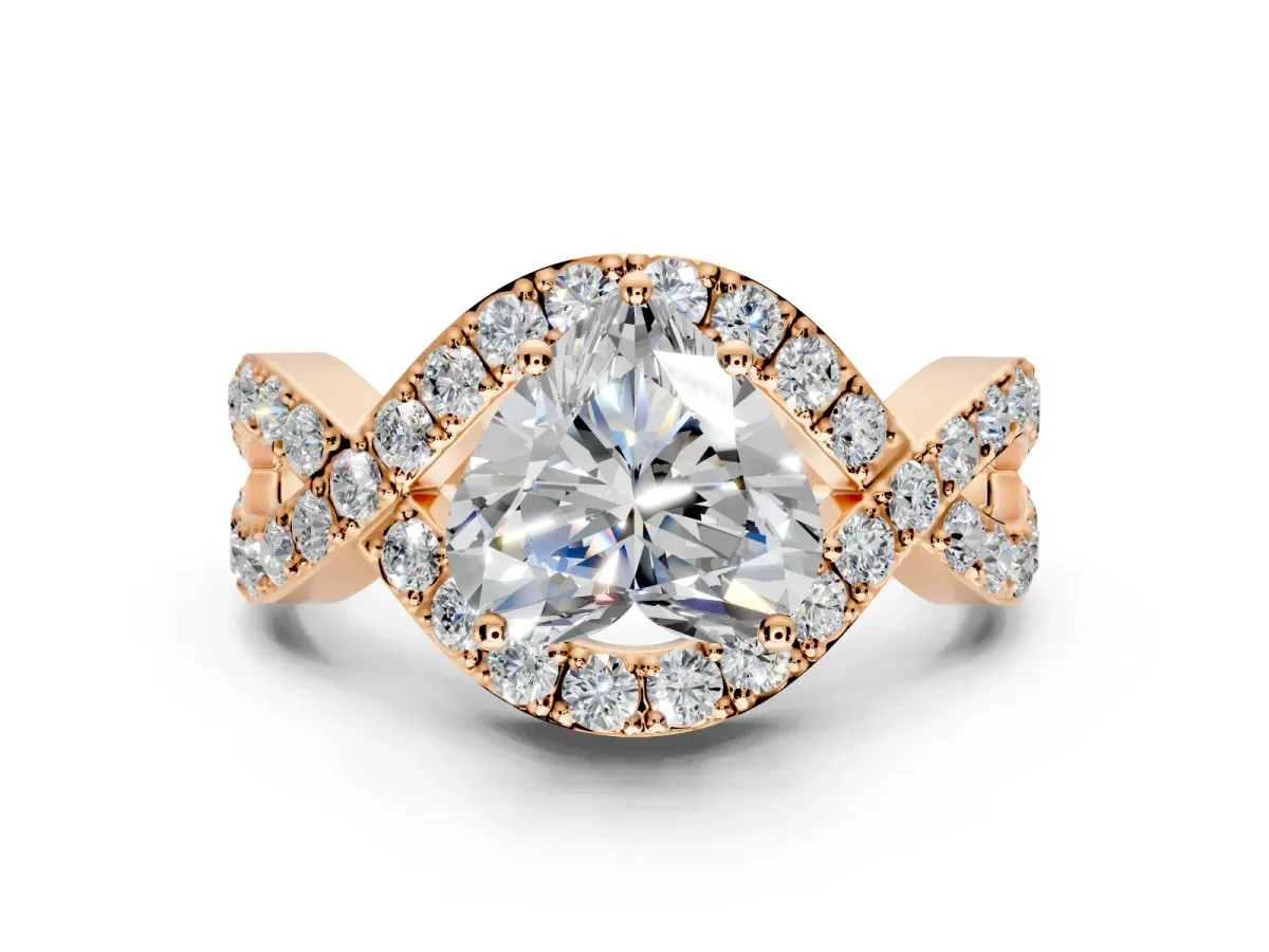 Halo Engagement Ring Setting for Heart-Shaped Center with Pave Infinity Twist Band and Prong Head in Rose Gold