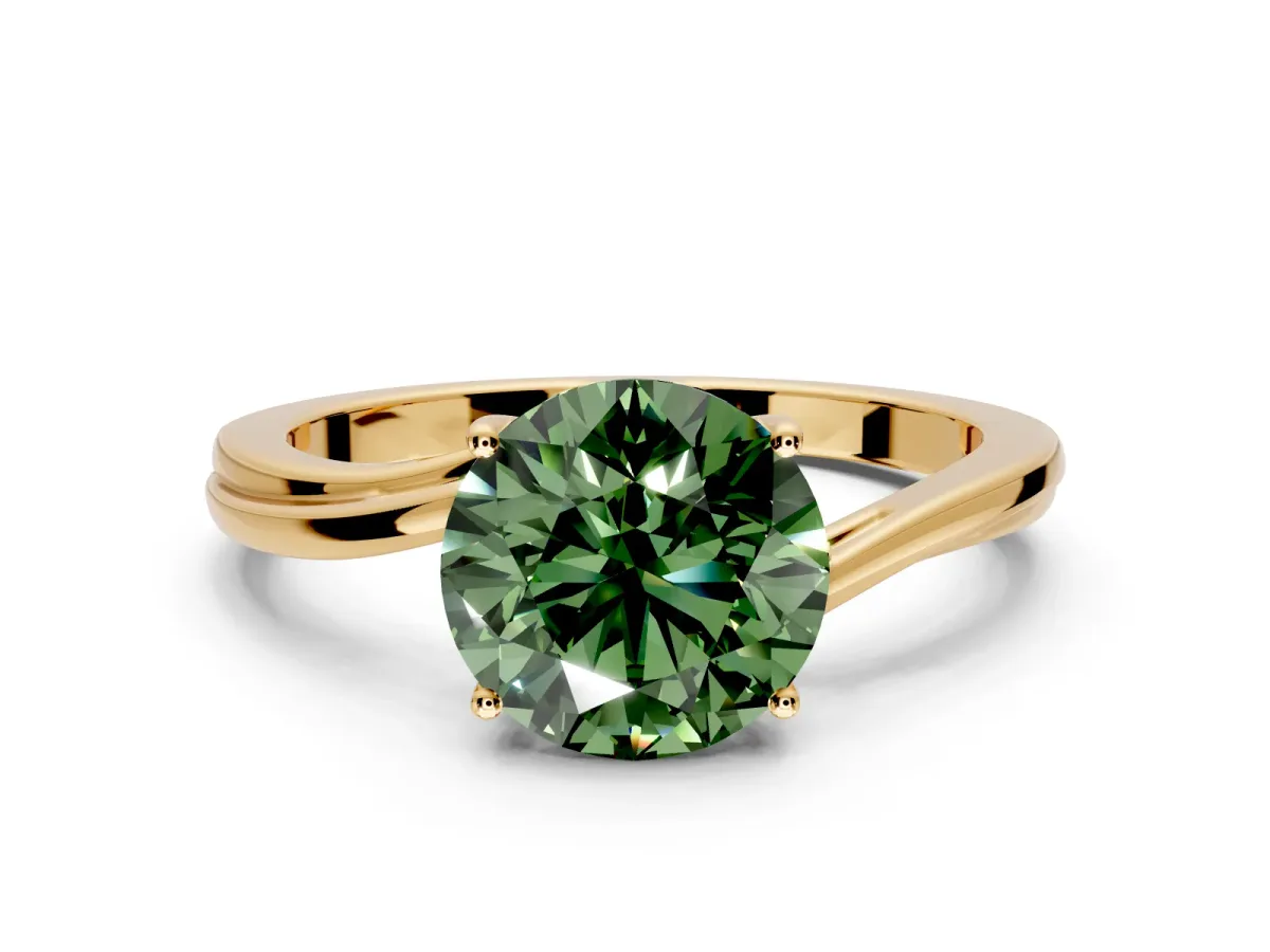 Solitaire Engagement Ring Setting for Fancy Green Round Cut Center with Plain Bypass Twist Band and Prong Head in Yellow Gold