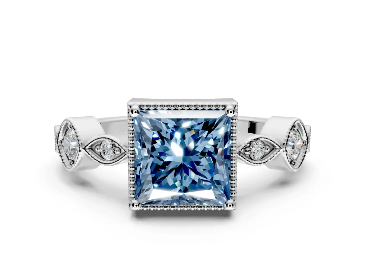 Vintage Station Engagement Ring Setting for Fancy Blue Princess Cut Center with Accents and Prong Head in Sterling Silver