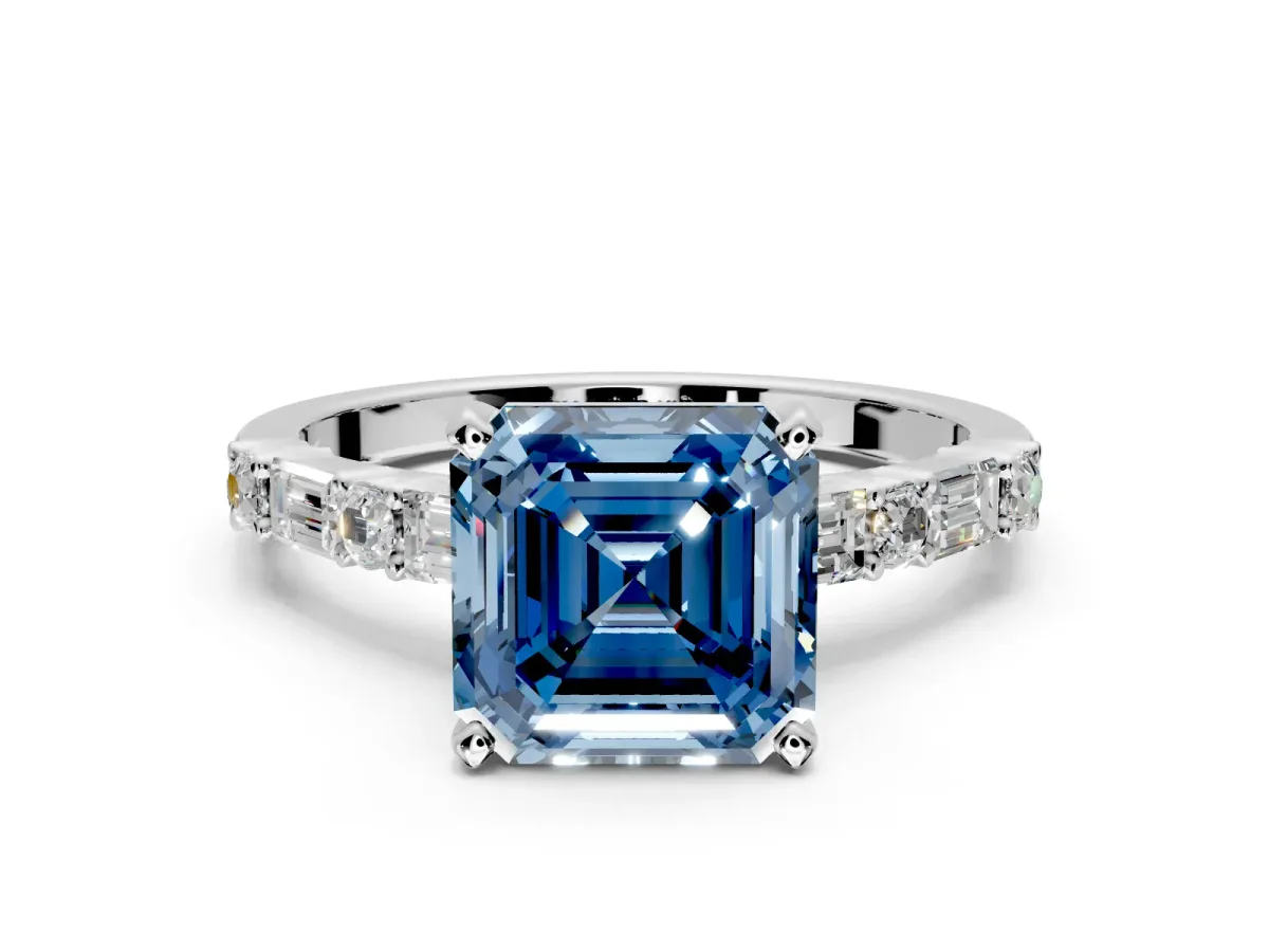Baguette Engagement Ring Setting for Fancy Blue Asscher Cut Center with Alternating Bar-Set Band and Prong Head in Platinum