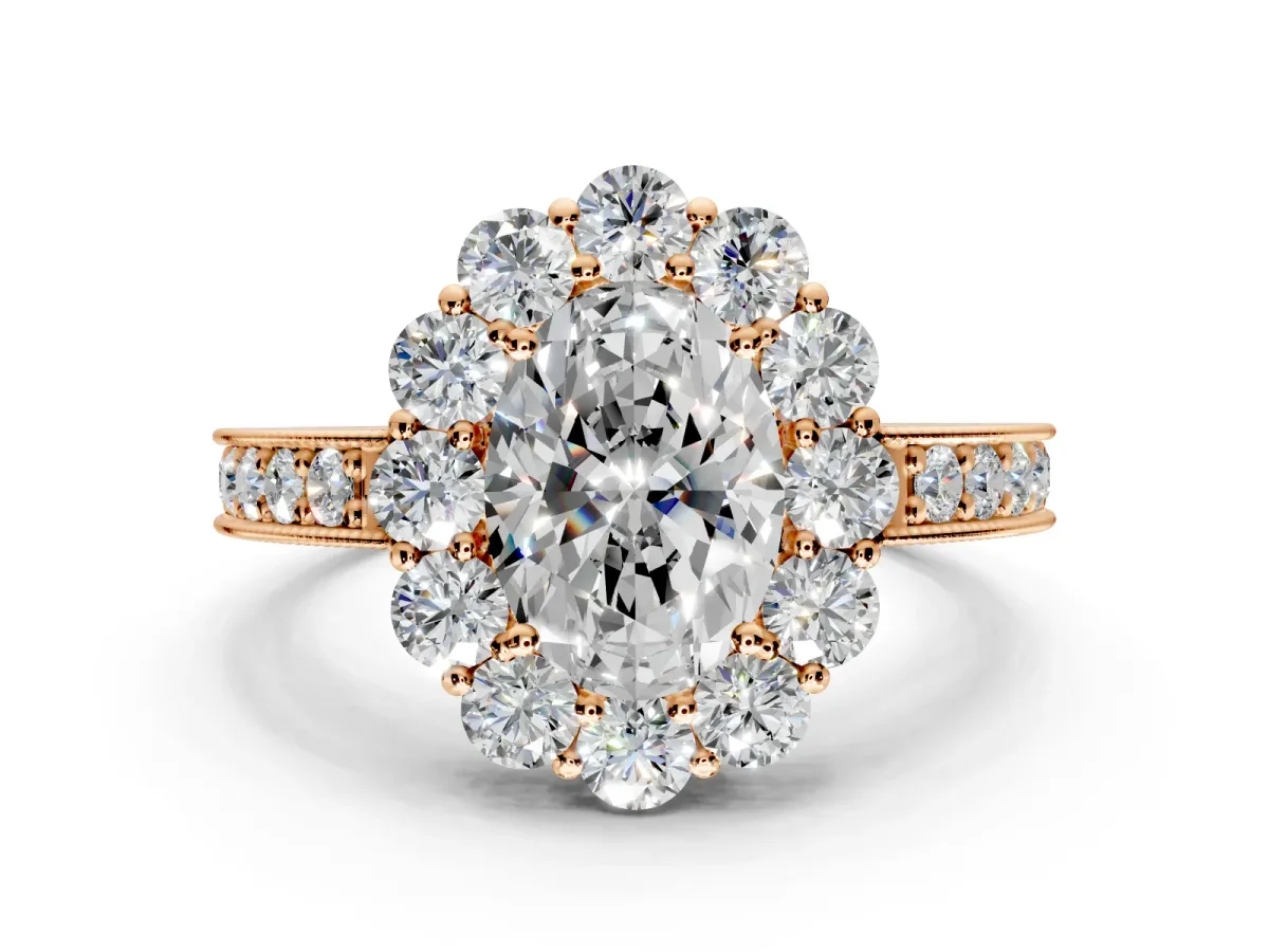 Halo Engagement Ring Setting for Oval Center with Milgrain Channel Band and Prong Head in Rose Gold