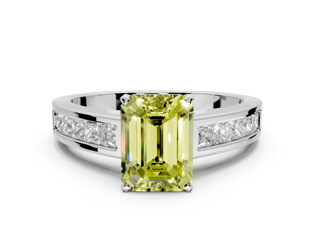 Solitaire Engagement Ring Setting for Fancy Yellow Emerald Cut Center with Princess Cut Channel Band and Prong Head in White Gold