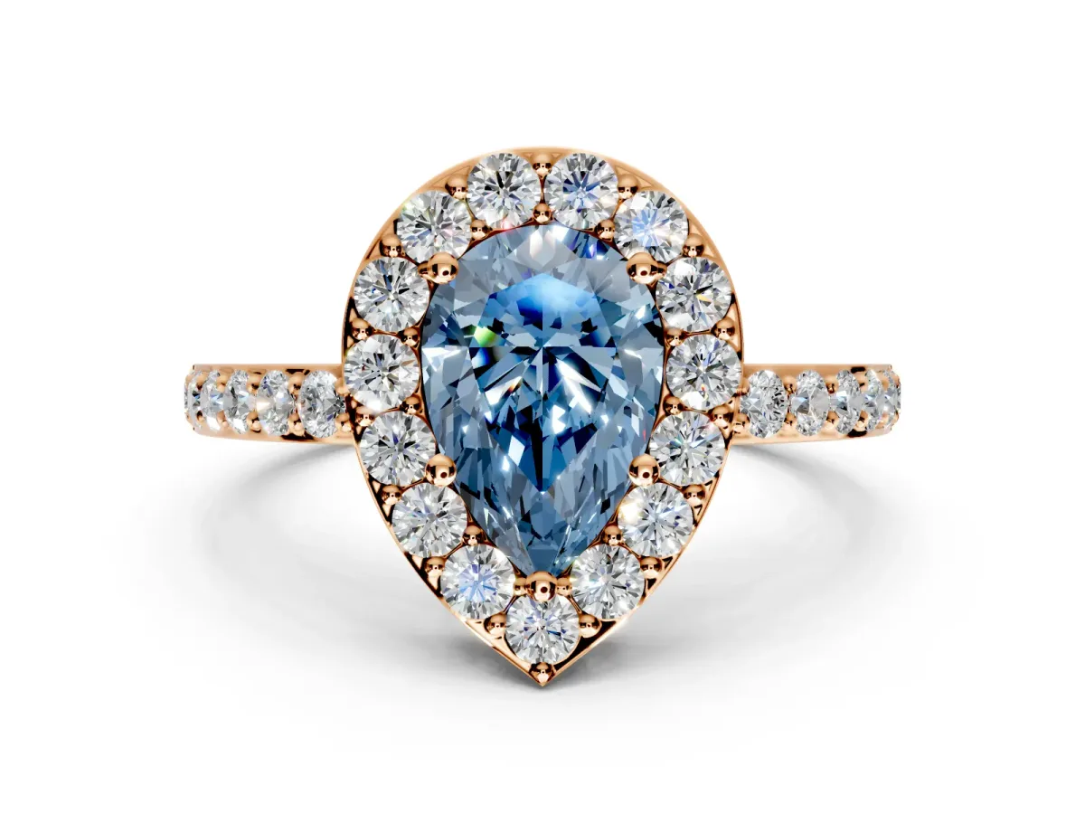 Halo Engagement Ring Setting for Fancy Blue Pear-Shaped Center with Heart-Shaped Openwork, Pave Band and Prong Head in Rose Gold