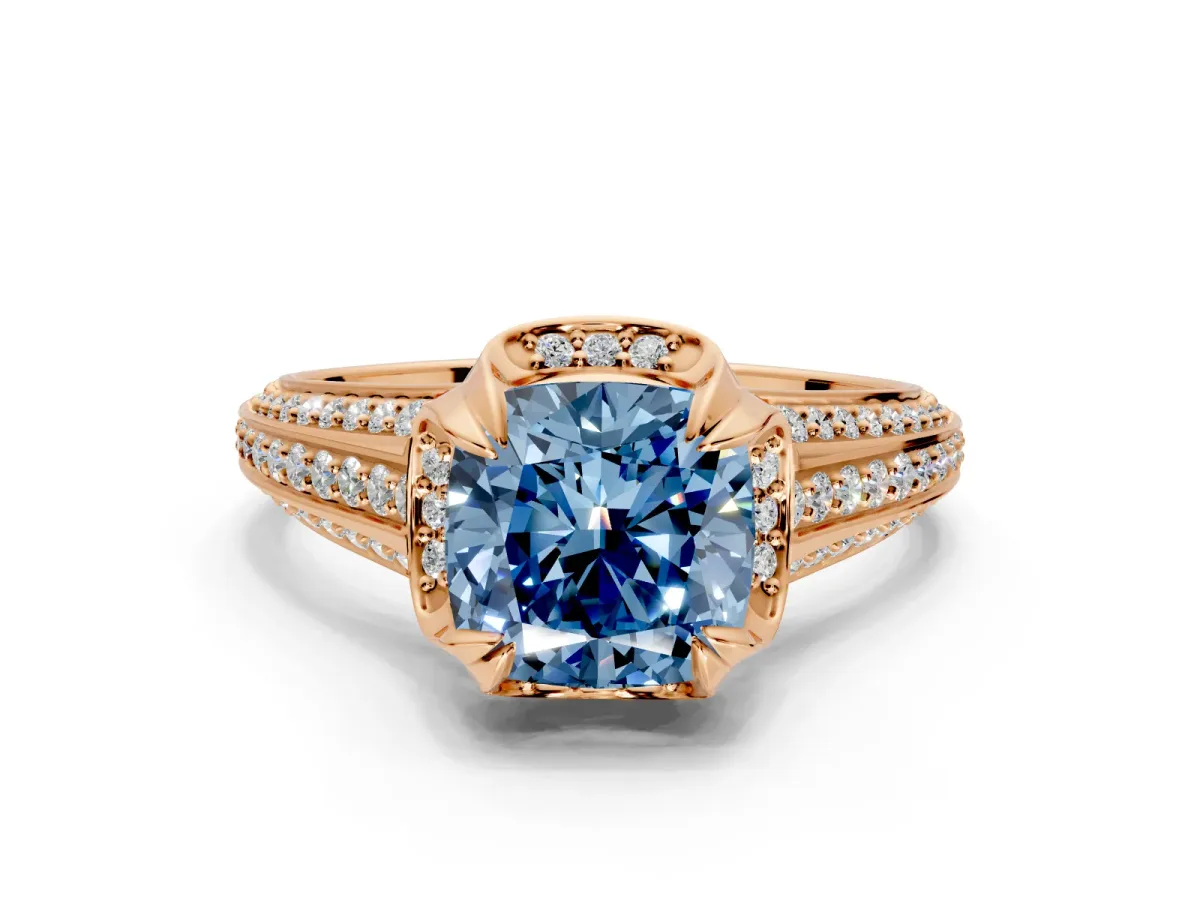 Solitaire Engagement Ring Setting for Fancy Blue Cushion Cut Center with Accented Split Shank and Prong Head in Rose Gold