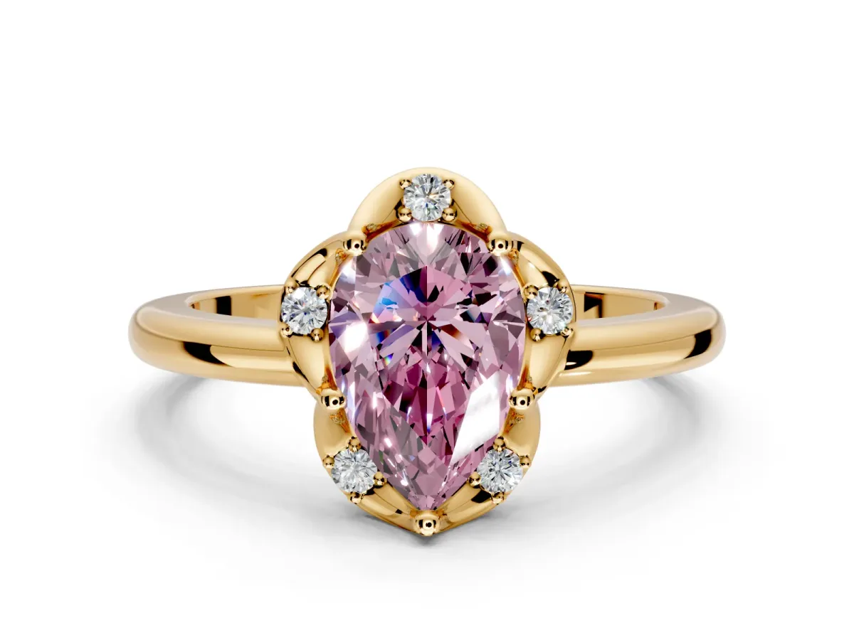 Floral Frame Engagement Ring Setting for Fancy Pink Pear-Shaped Center with Accent Clusters and Prong Head in Yellow Gold