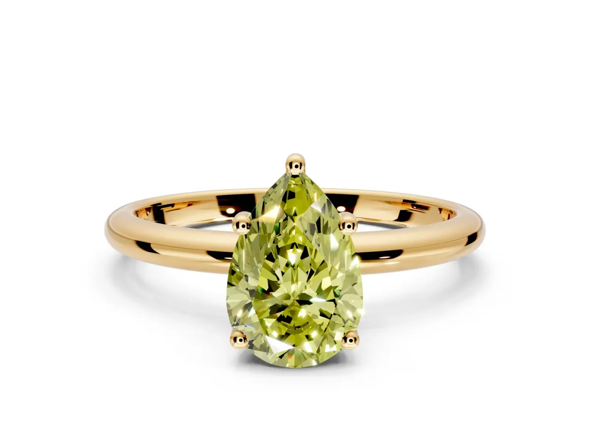 Hidden Halo Engagement Ring Setting for Fancy Yellow Pear-Shaped Center with Thin Round-Wire Band and Prong Head in Yellow Gold