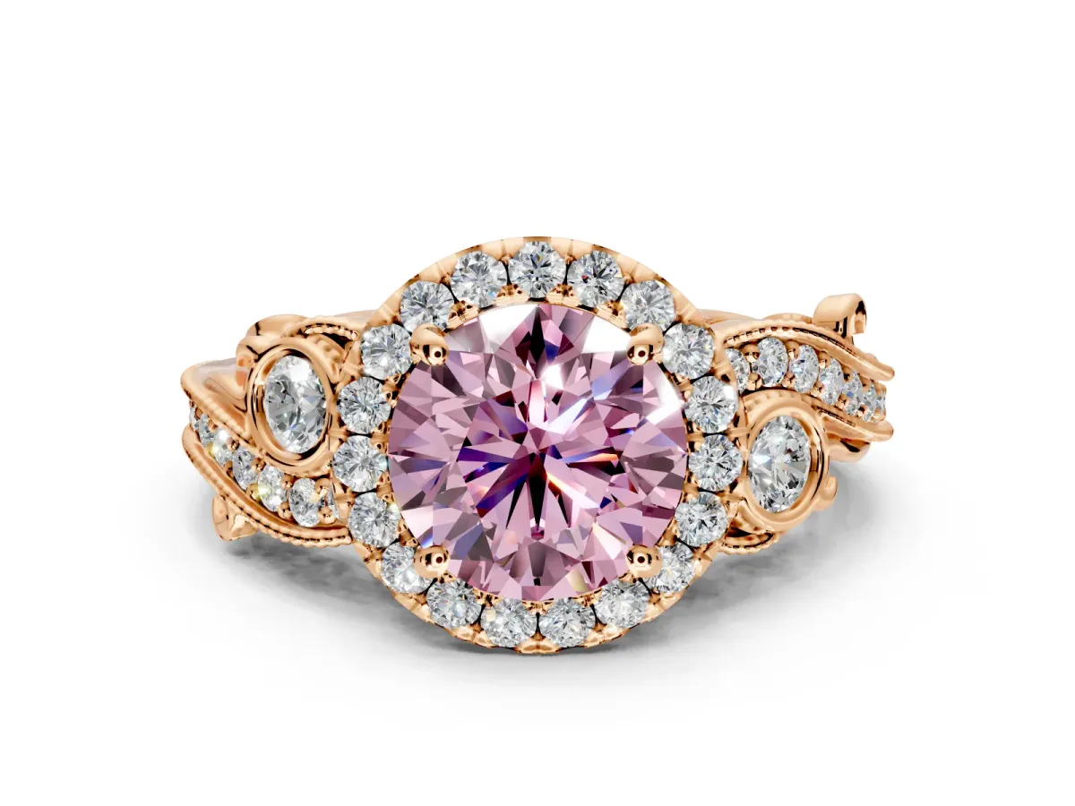 Milgrain Halo Engagement Ring Setting for Fancy Pink Round Cut Center with Shoulder Bezels and Prong Head in Rose Gold