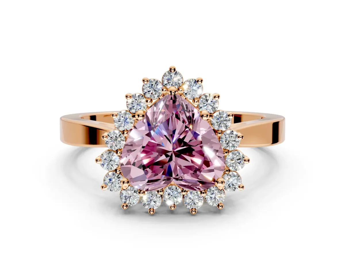 Starburst Halo Engagement Ring Setting for Fancy Pink Heart-Shaped Center with Flat Cathedral Band and Prong Head in Rose Gold