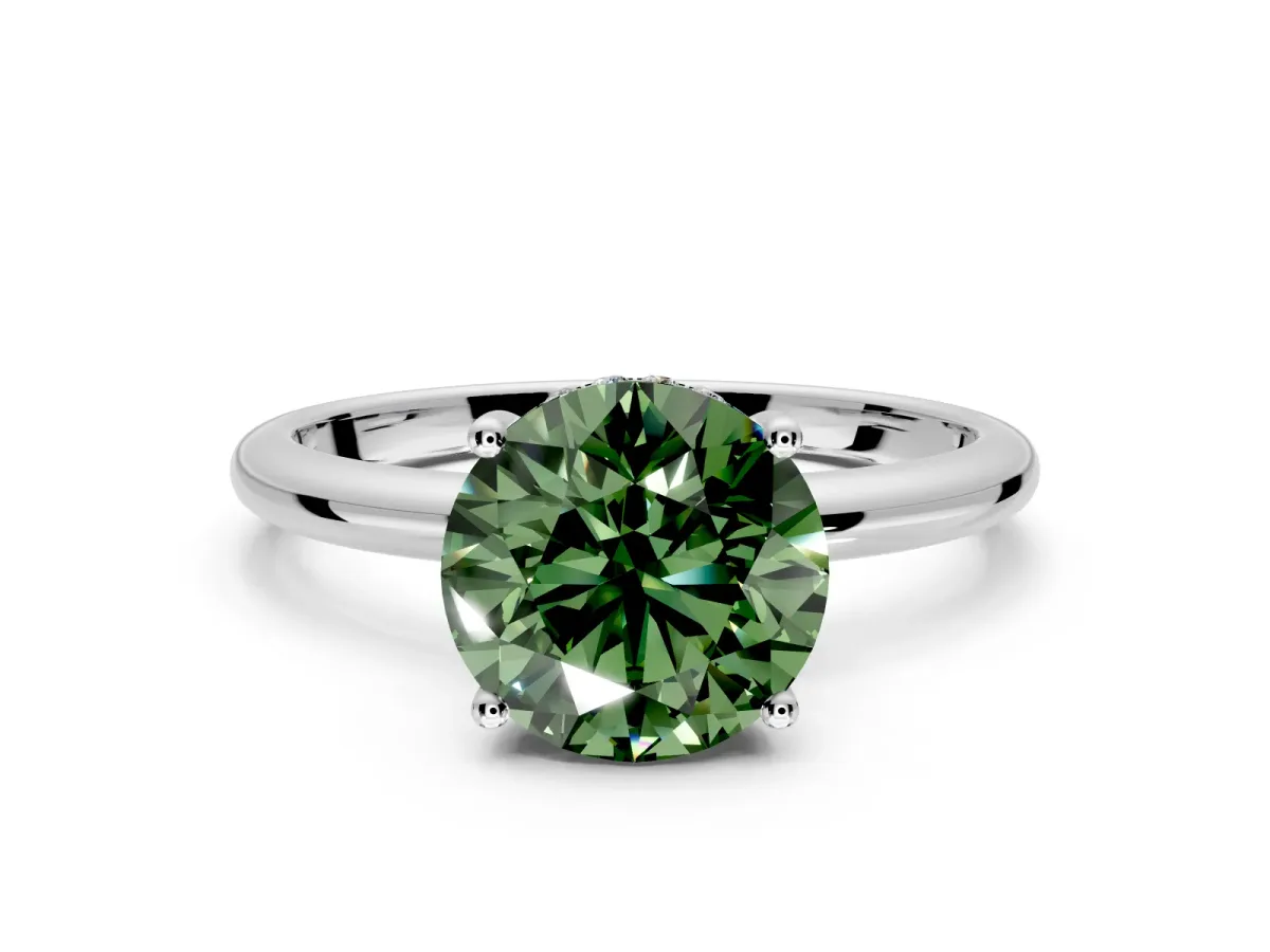 Hidden Halo Engagement Ring Setting for Fancy Green Round Cut Center with Thin Round-Wire Band and Prong Head in White Gold