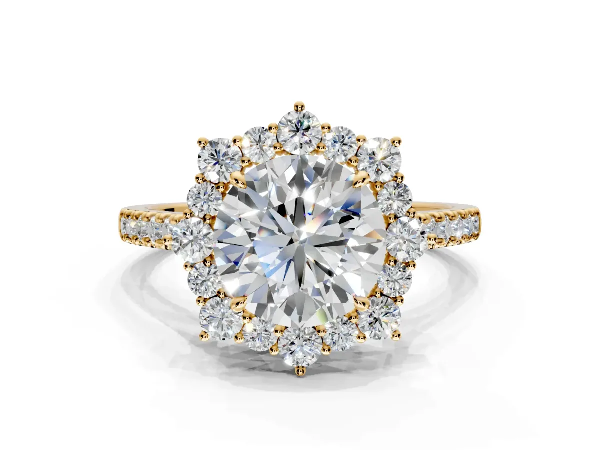 Halo Engagement Ring Setting for Round Cut Center with Single-Row Pave, Open Basket and Prong Head in Yellow Gold