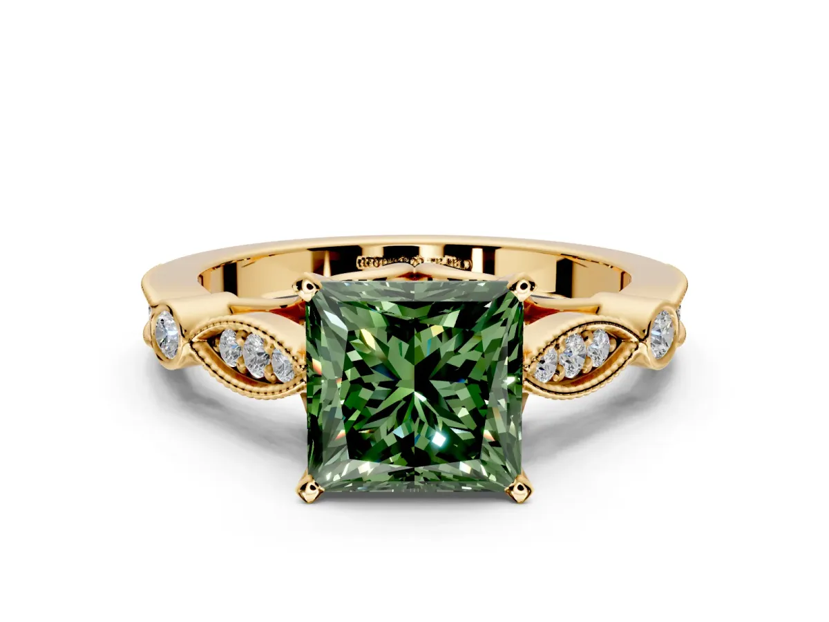 Solitaire Engagement Ring Setting for Fancy Green Princess Cut Center with Marquise and Bezel Accents and Prong Head in Yellow Gold