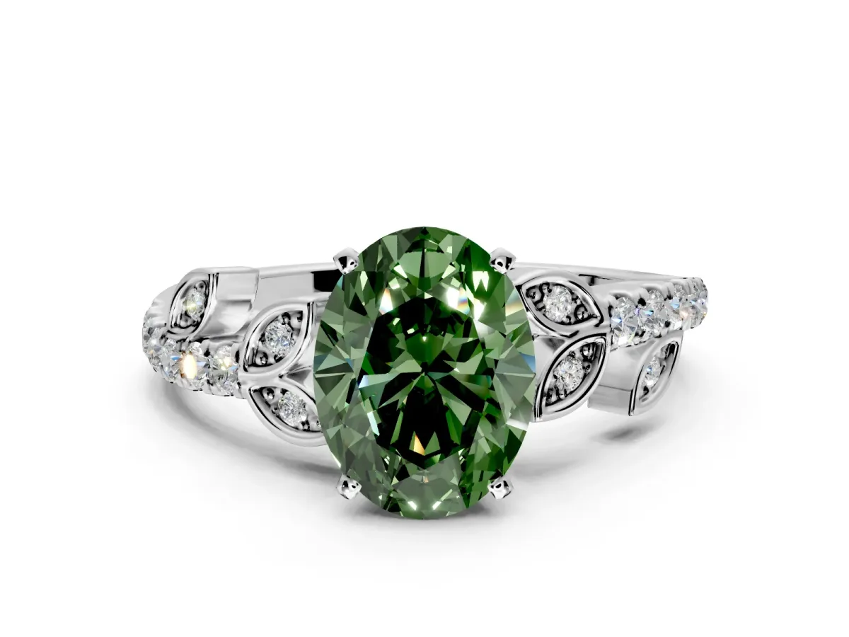 Leaf Motif Engagement Ring Setting for Fancy Green Oval Center with Pave Band and Prong Head in Sterling Silver
