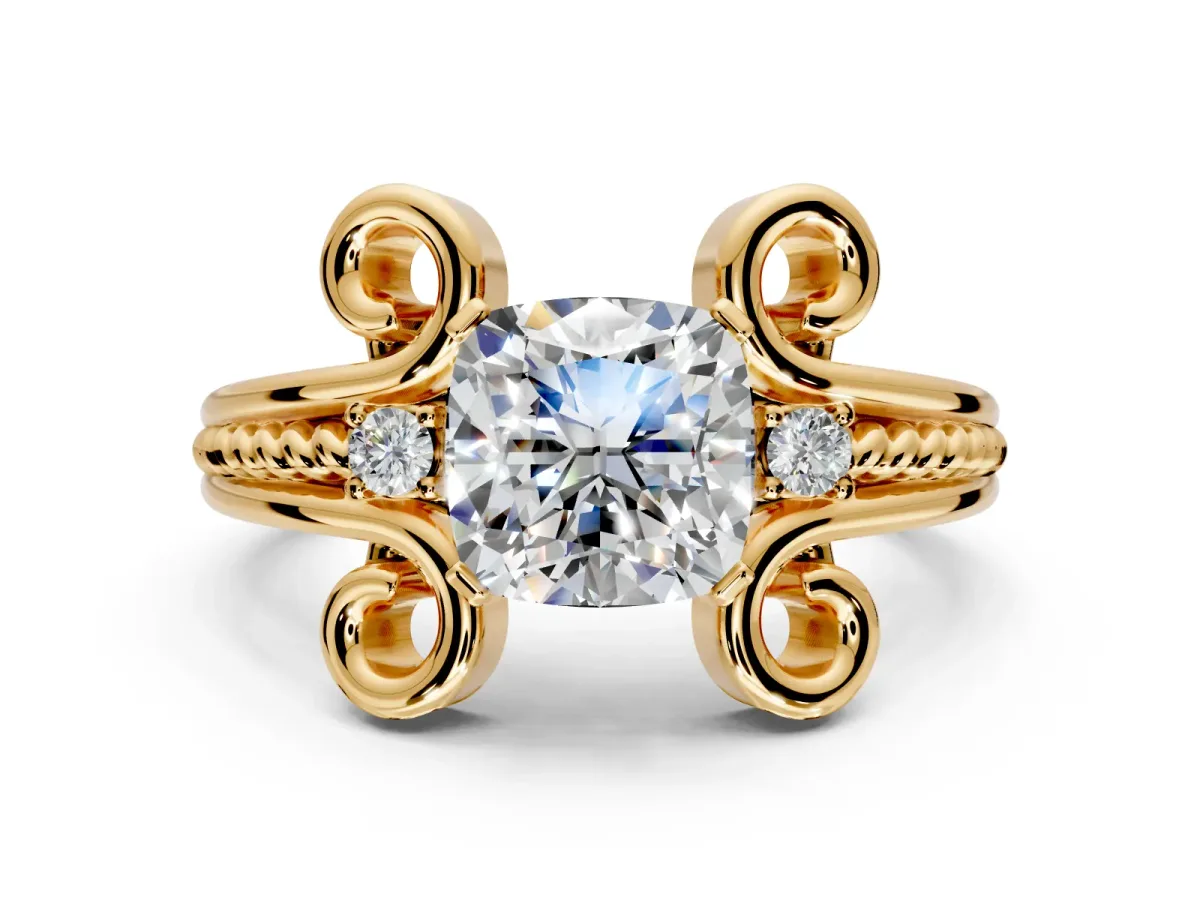 Solitaire Engagement Ring Setting for Cushion Cut Center with Twisted Band and Scroll Prong Head in Yellow Gold