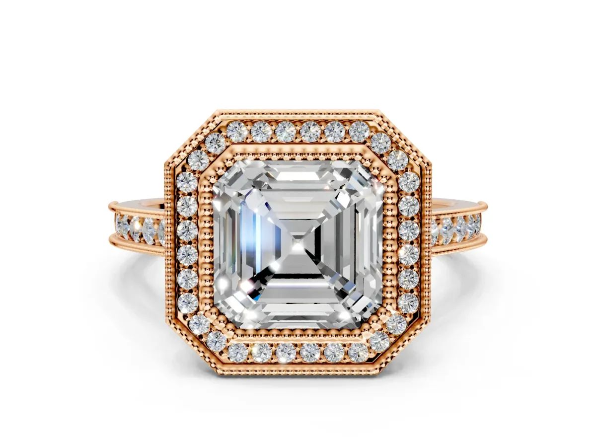 Halo Engagement Ring Setting for Asscher Cut Center with Milgrain Pave Band and Bezel Head in Rose Gold
