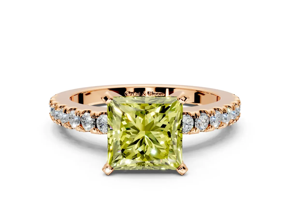 Solitaire Engagement Ring Setting for Fancy Yellow Princess Cut Center with Single Row Accent Band and Prong Head in Rose Gold