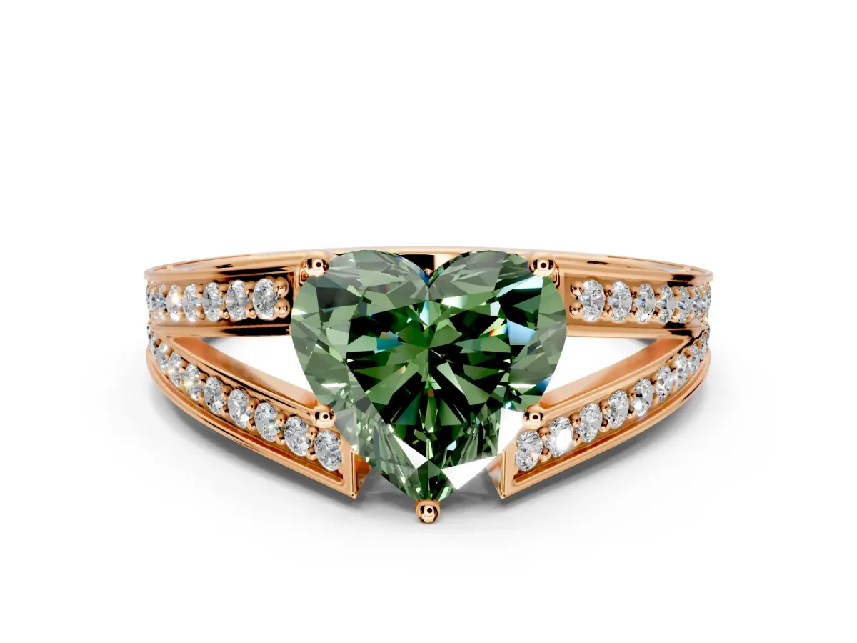 Split Shank Engagement Ring Setting for Fancy Green Heart-Shaped Center with Pave Split Shank and Prong Head in Rose Gold
