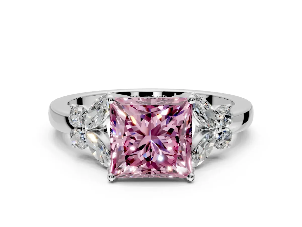 Solitaire Engagement Ring Setting for Fancy Pink Princess Cut Center with Marquise Flower Shoulders and Prong Head in Platinum