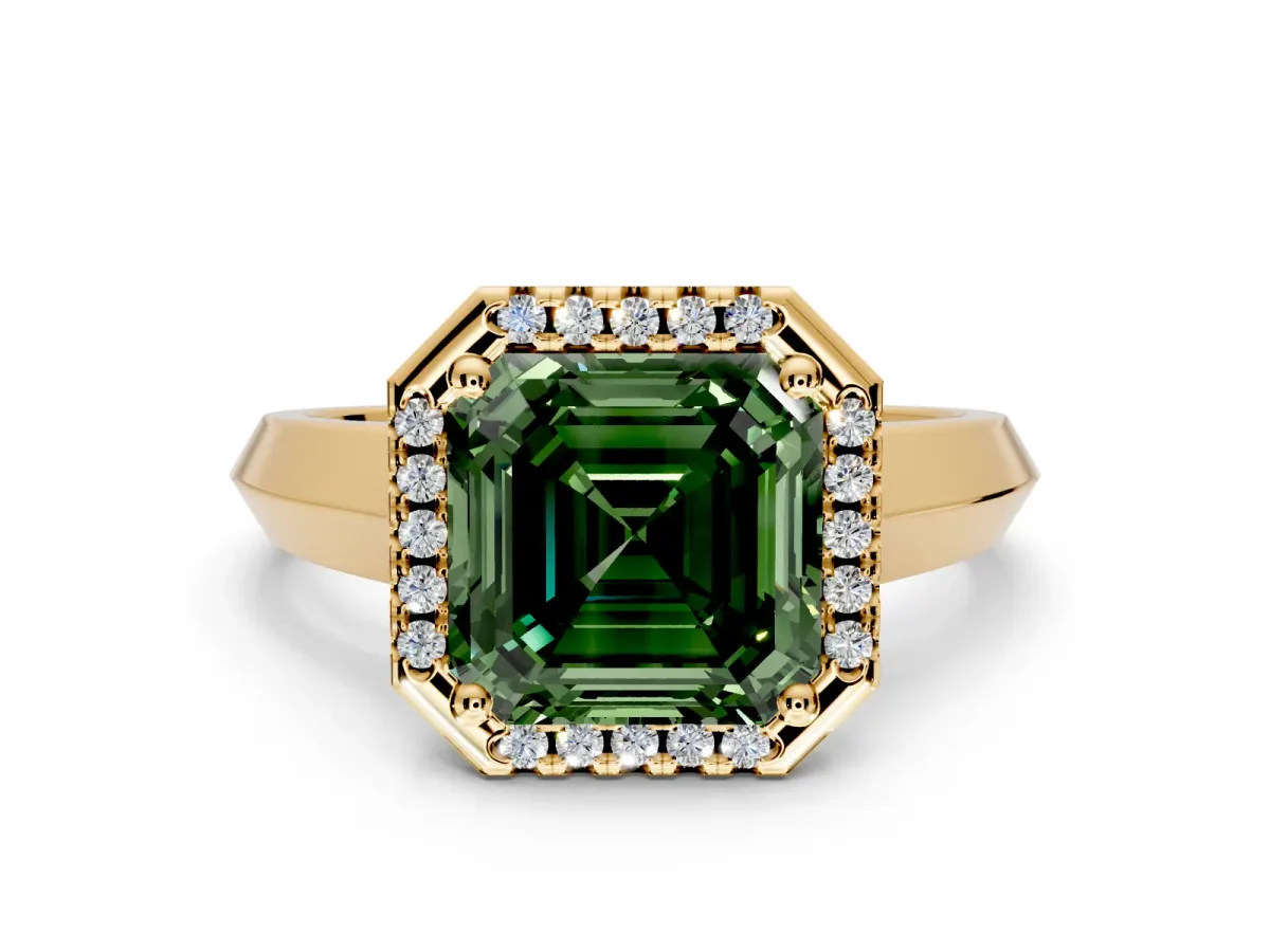 Halo Engagement Ring Setting for Fancy Green Asscher Cut Center with Knife Ridge Cathedral Band and Prong Head in Yellow Gold