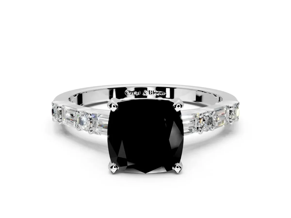 Baguette Engagement Ring Setting for Fancy Black Cushion Cut Center with Alternating Bar-Set Band and Prong Head in Sterling Silver